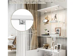 Vitrine de vidro com 3 prateleiras, armários e iluminação LED - Design moderno, Branco