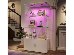 Vitrine de vidro com 3 prateleiras, armários e iluminação LED - Design moderno, Branco