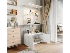 Vitrine de vidro com 3 prateleiras, armários e iluminação LED - Design moderno, Branco