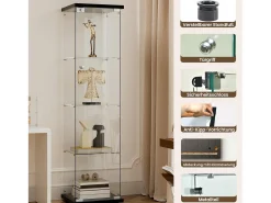 Vitrine de vidro com 4 prateleiras e 1 porta, 164x42x36 cm, armário de coleção, preto, transparente