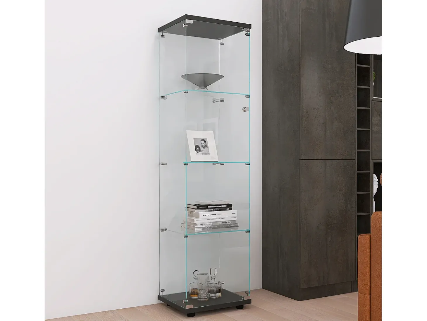 Vitrine de vidro com 4 prateleiras e 1 porta, 164x42x36 cm, armário de coleção, preto, transparente
