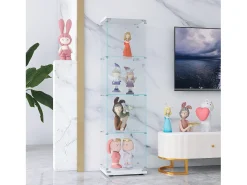 Vitrine de vidro com 4 prateleiras e 1 porta, 164x42,5x36,5 cm, armário de coleção, branco, transparente