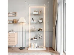 Vitrine de vidro com 5 prateleiras e iluminação LED personalizável – Base branca