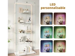 Vitrine de vidro com 5 prateleiras e iluminação LED personalizável – Base branca