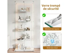 Vitrine de vidro com 5 prateleiras e iluminação LED personalizável – Base branca