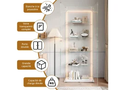 Vitrine de vidro com 5 prateleiras e iluminação LED personalizável – Base branca