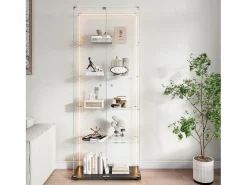 Vitrine de vidro com 5 prateleiras e iluminação LED personalizável – Base preta