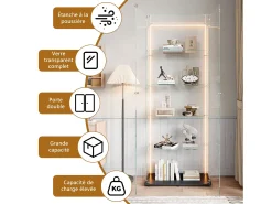 Vitrine de vidro com 5 prateleiras e iluminação LED personalizável – Base preta