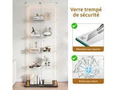 Vitrine de vidro com 5 prateleiras e iluminação LED personalizável – Base preta
