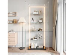 Vitrine de vidro com 5 prateleiras e iluminação LED personalizável – Base preta