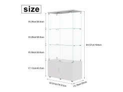 Vitrine de vidro com 3 prateleiras, armários e iluminação LED – Design moderno branco