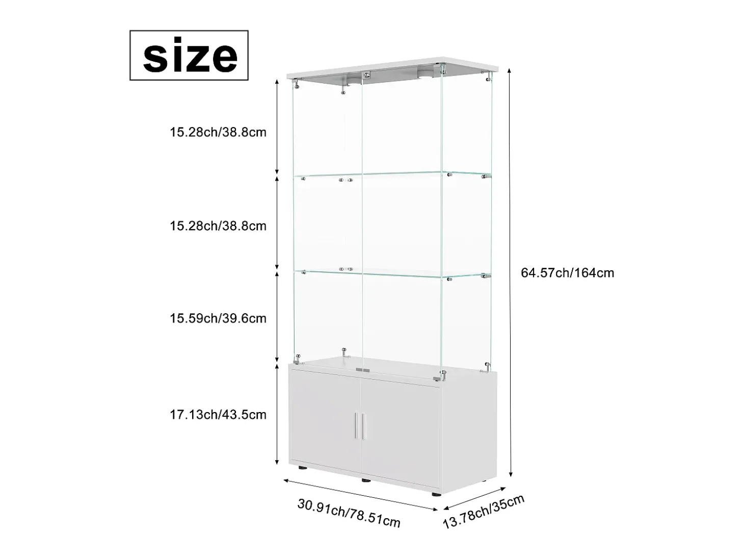Vitrine de vidro com 3 prateleiras, armários e iluminação LED – Design moderno branco