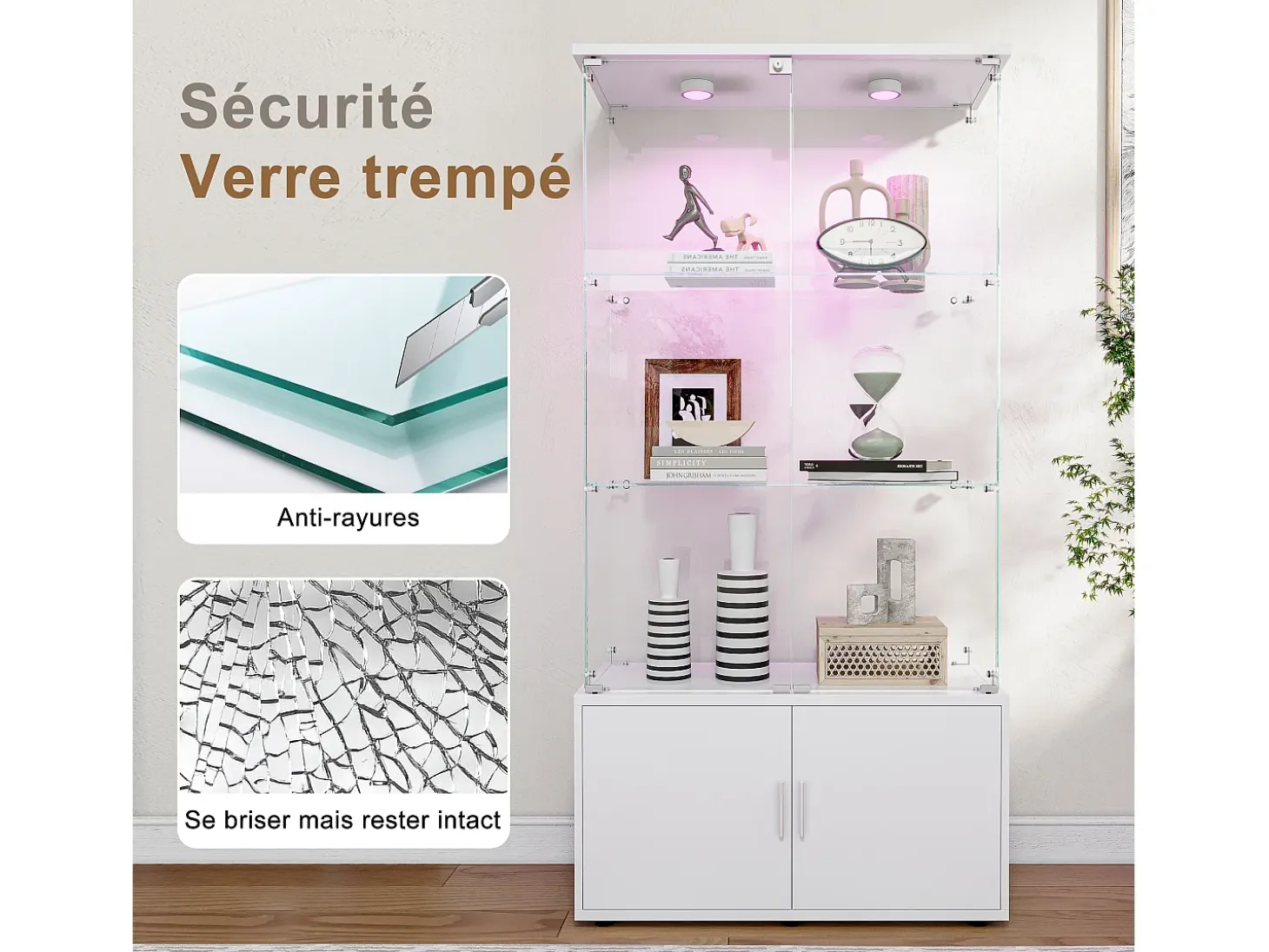 Vitrine de vidro com 3 prateleiras, armários e iluminação LED – Design moderno branco