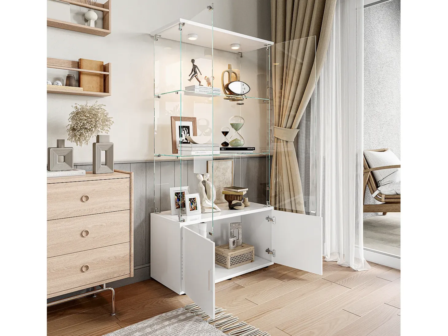 Vitrine de vidro com 3 prateleiras, armários e iluminação LED – Design moderno branco