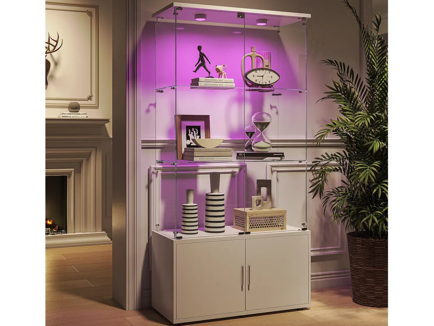 Vitrine de vidro com 3 prateleiras, armários e iluminação LED – Design moderno branco