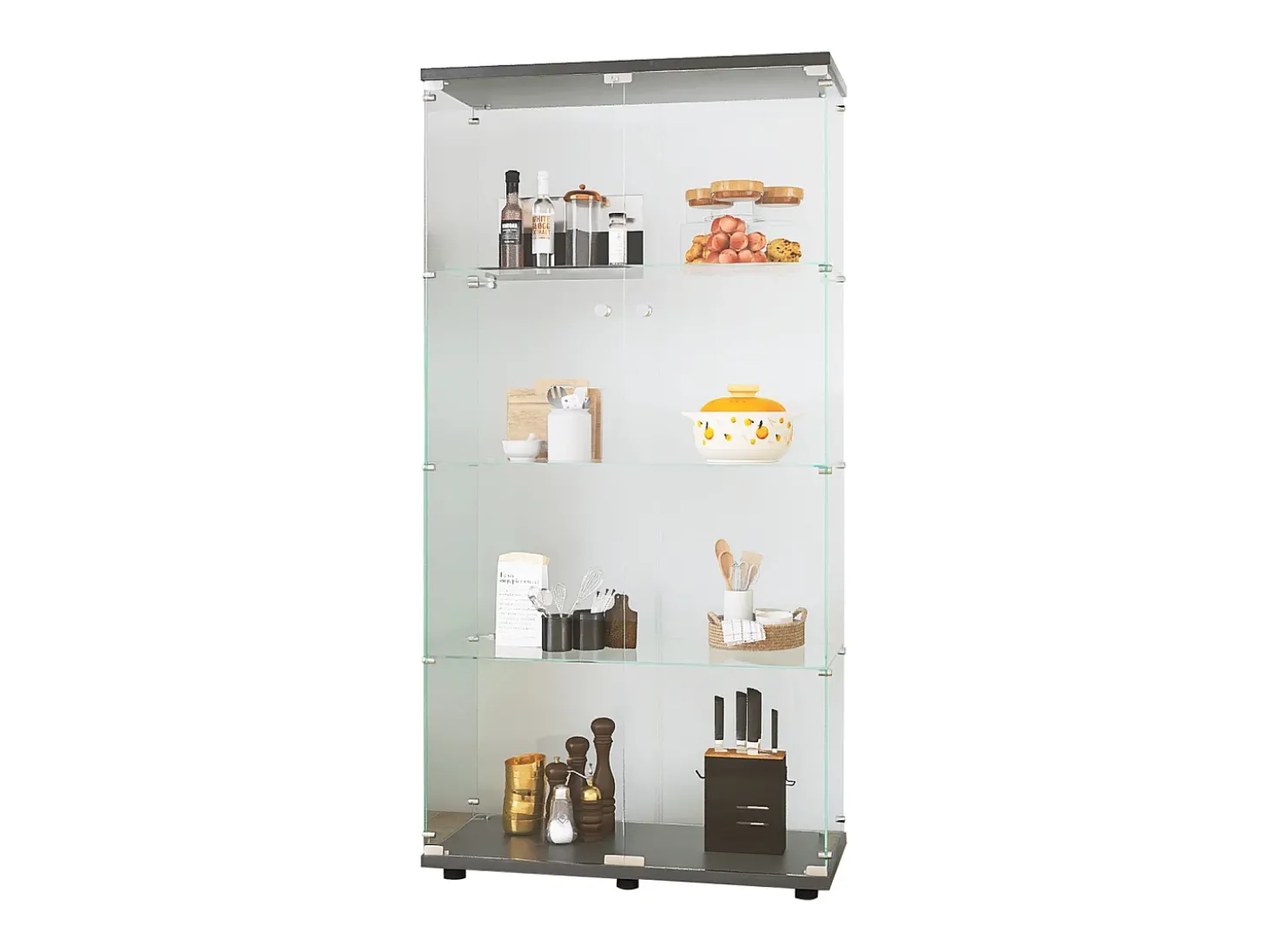 Vitrine de vidro com 4 prateleiras, 2 portas e fechadura, 164 x 80 x 36 cm, preta