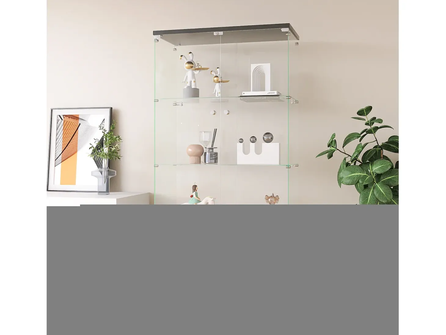 Vitrine de vidro com 4 prateleiras, 2 portas e fechadura, 164 x 80 x 36 cm, preta