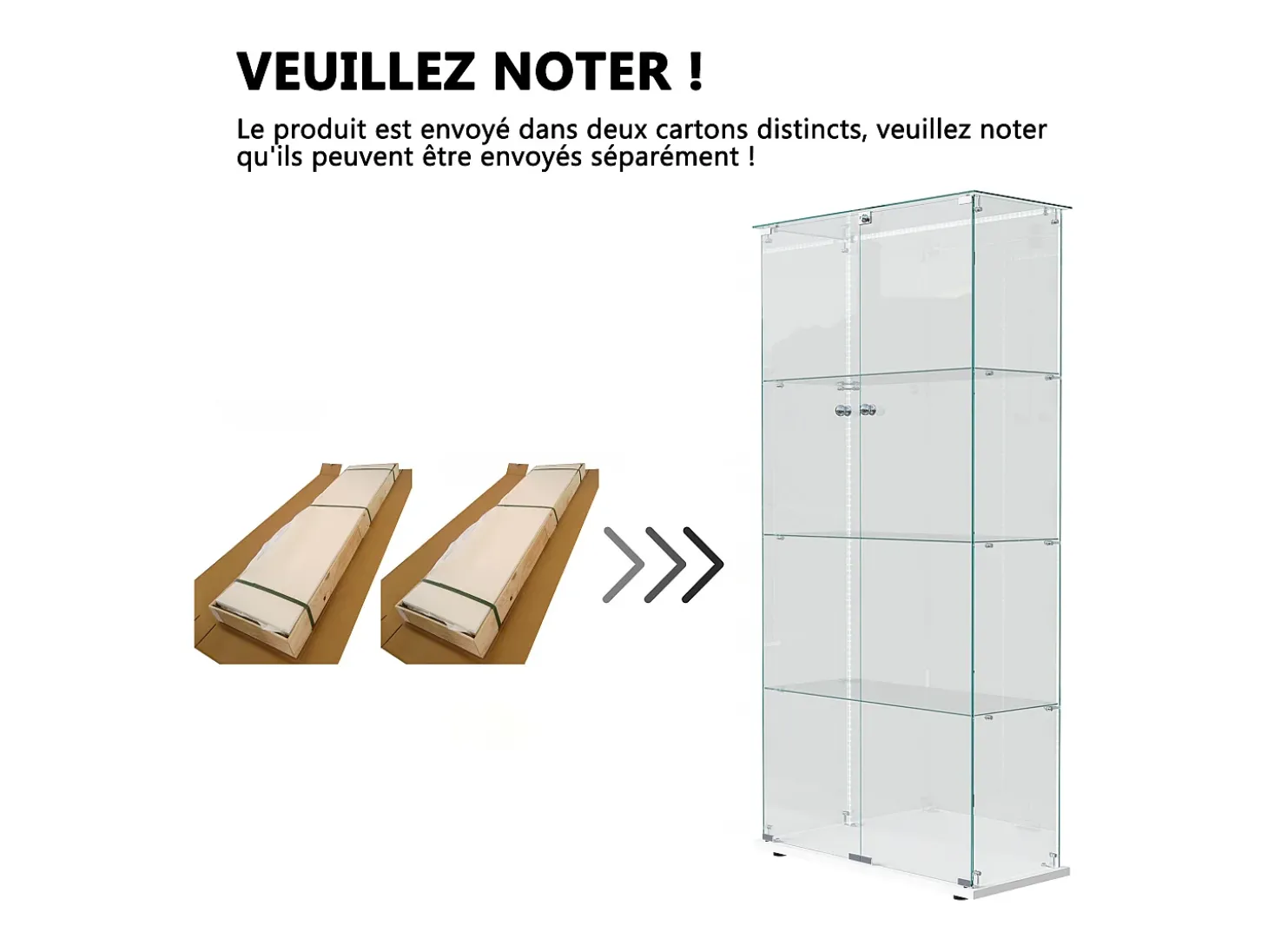 Vitrine de vidro com iluminação LED, 4 prateleiras e 2 portas, 78x35x163 cm, branca.