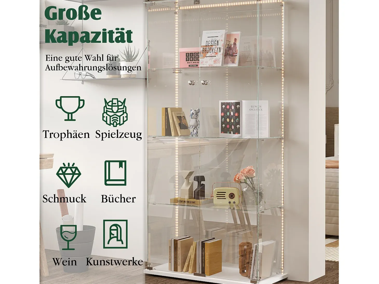Vitrine de vidro com iluminação LED, 4 prateleiras e 2 portas, 78x35x163 cm, branca.