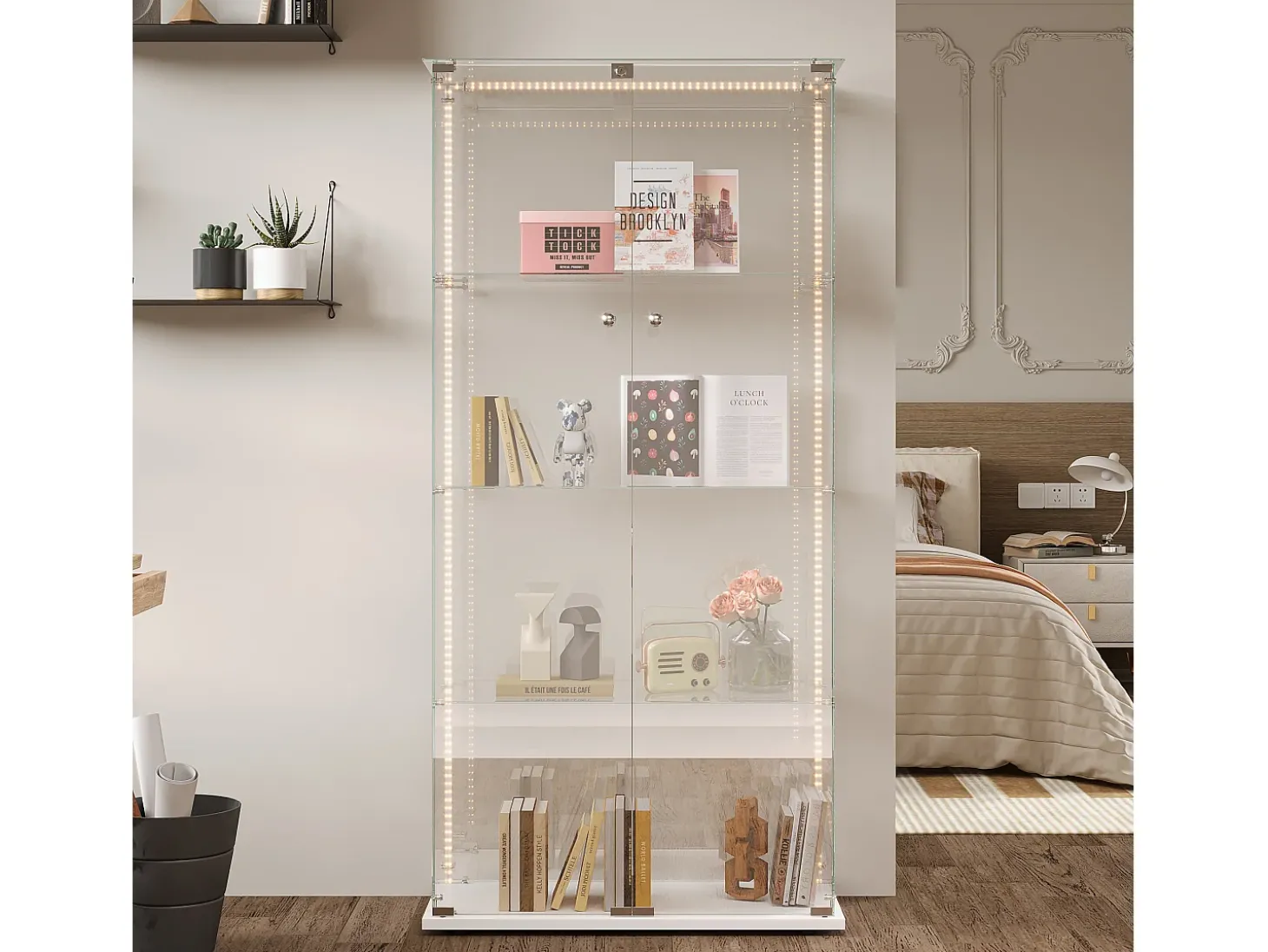 Vitrine de vidro com iluminação LED, 4 prateleiras e 2 portas, 78x35x163 cm, branca.