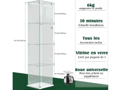 Vitrine de vidro com iluminação LED, portas e prateleiras com fechadura, ideal para sala de estar/bar, 163x40x35 cm, branca.