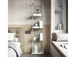 Vitrine de vidro com iluminação LED, portas e prateleiras com fechadura, ideal para sala de estar/bar, 163x40x35 cm, branca.