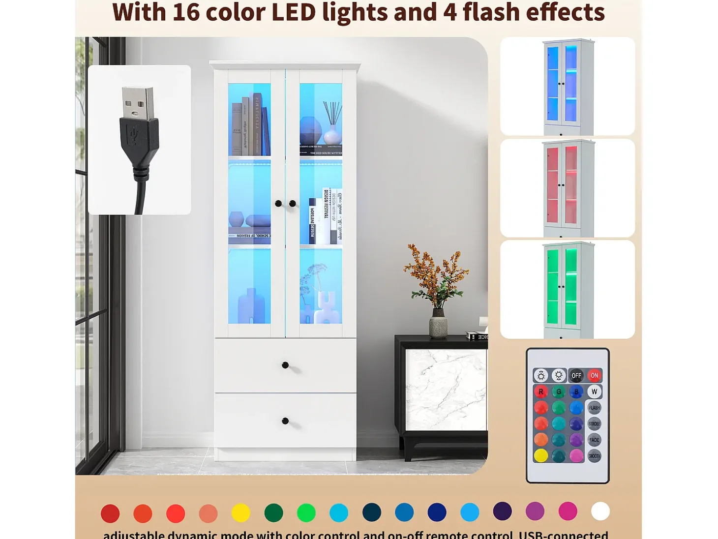 Vitrine de vidro com iluminação LED, 2 portas e 2 gavetas, 60x35,5x165cm, branca