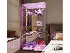 Vitrine de vidro com iluminação LED e fechadura, vitrine de vidro para sala de estar com 2 portas e prateleiras, branca