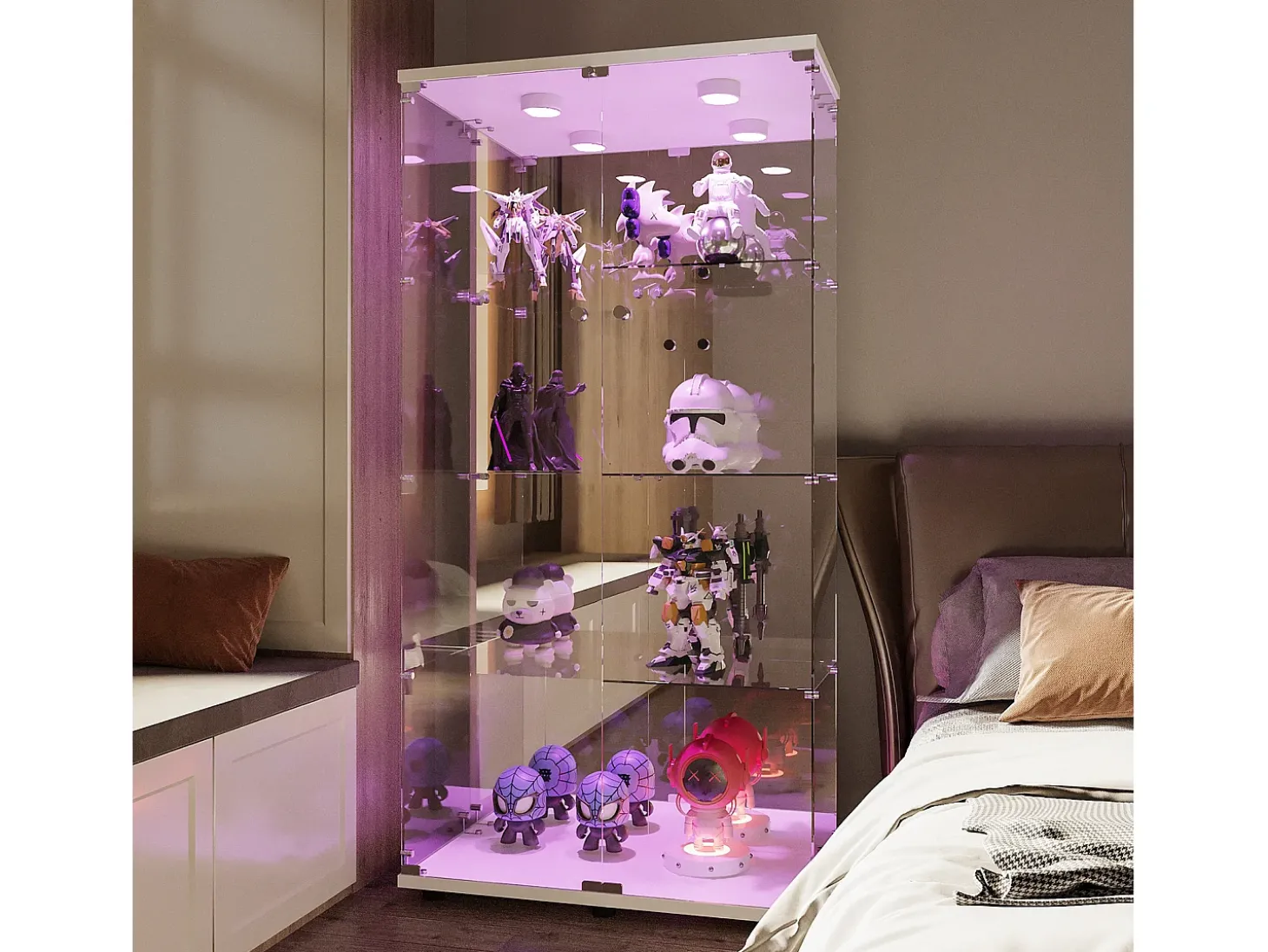 Vitrine de vidro com iluminação LED e fechadura, vitrine de vidro para sala de estar com 2 portas e prateleiras, branca