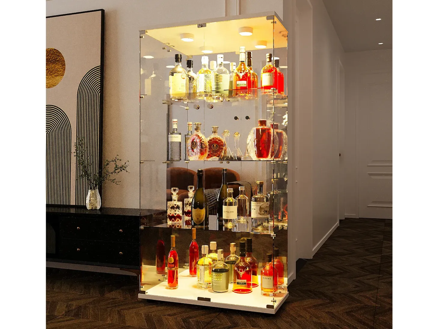 Vitrine de vidro com iluminação LED e fechadura, vitrine de vidro para sala de estar com 2 portas e prateleiras, branca