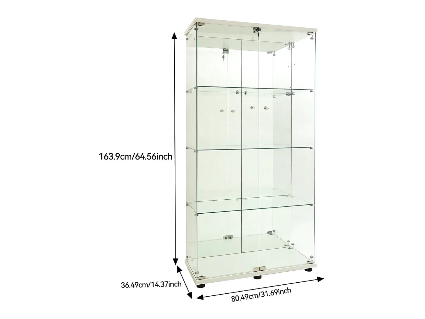 Vitrine de vidro com iluminação LED e fechadura, vitrine de vidro para sala de estar com 2 portas e prateleiras, branca