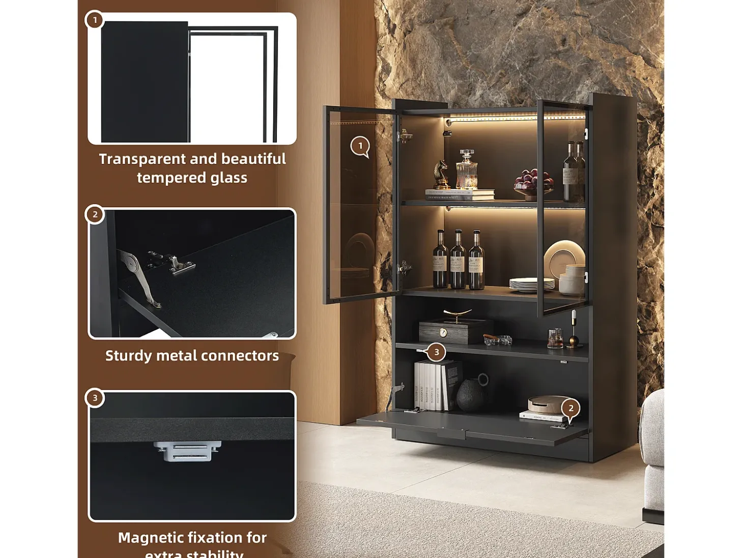 Vitrine de vidro com iluminação LED - Design pop-up - Vitrine para coleções - 35 x 80 x 120 cm, Preta