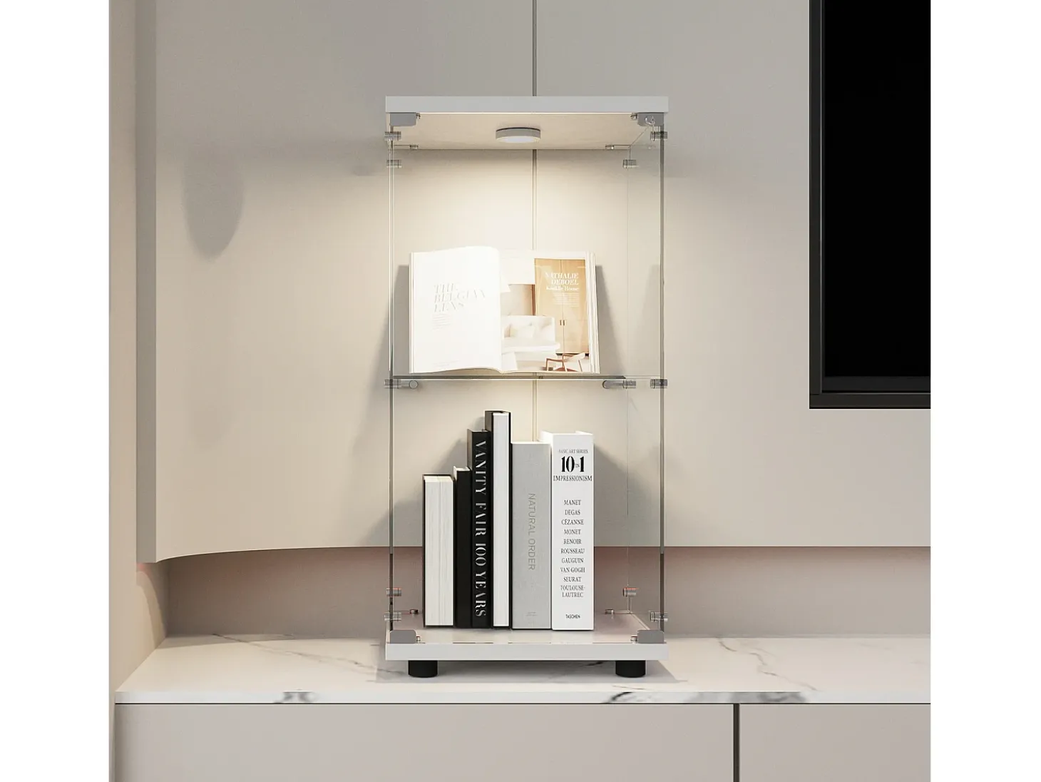 Vitrine de vidro com parede dupla, 40*86*36,5 cm, com fechadura antifurto e iluminação LED, branca.