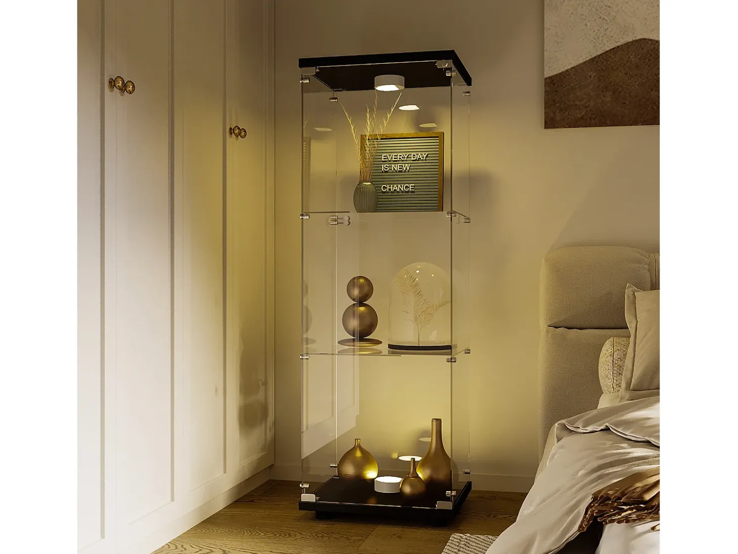 Vitrine de vidro GAHRELPER – 3 prateleiras, 1 porta, vidro temperado, luz LED, branco, 42x36x125 cm
