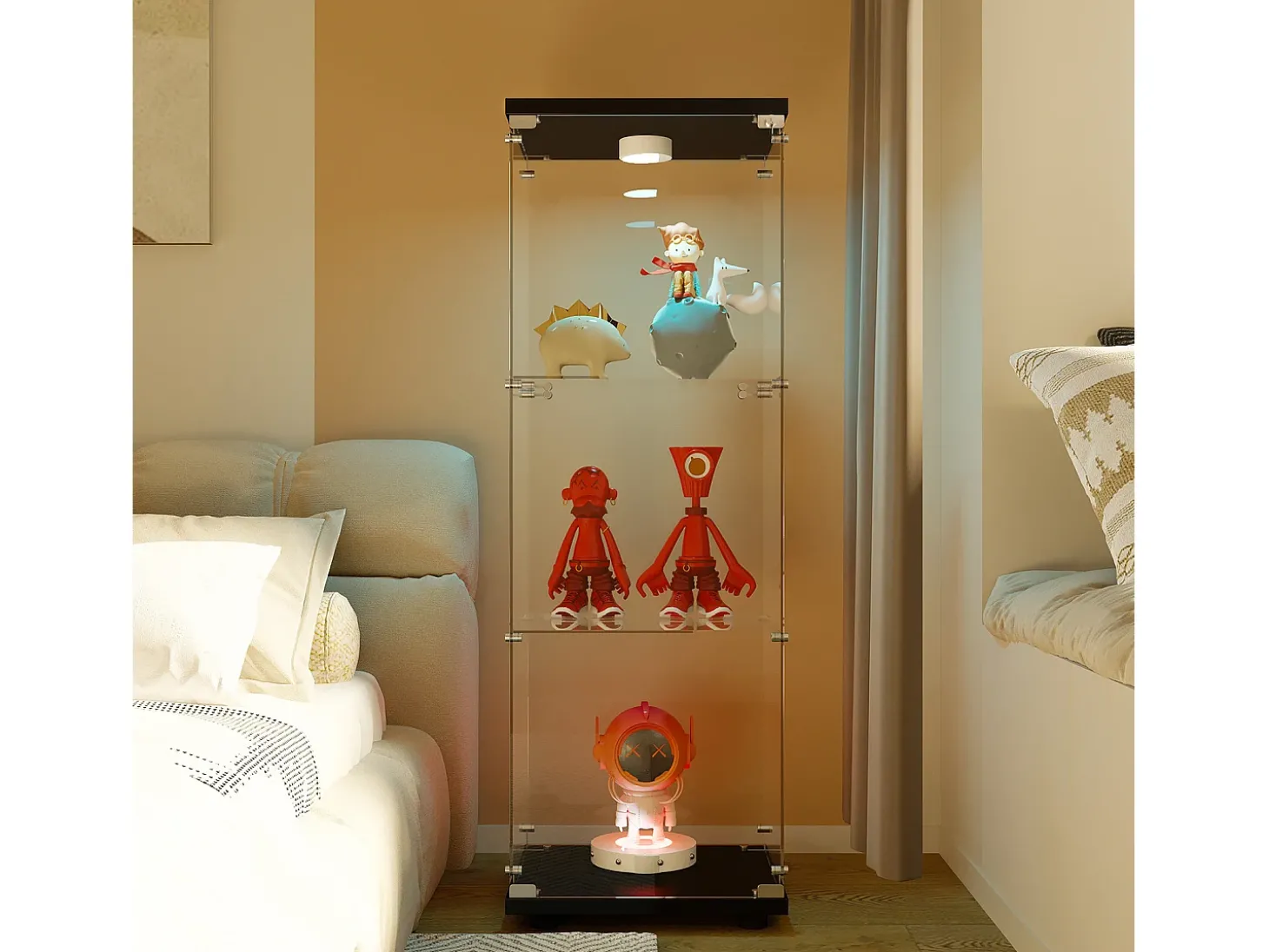 Vitrine de vidro GAHRELPER – 3 prateleiras, 1 porta, vidro temperado, luz LED, branco, 42x36x125 cm
