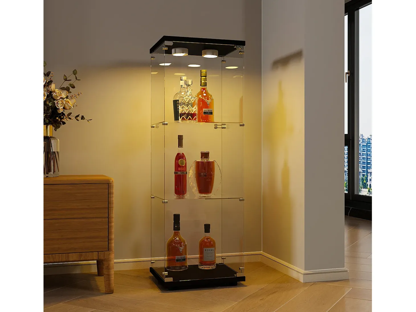 Vitrine de vidro GAHRELPER – 3 prateleiras, 1 porta, vidro temperado, luz LED, branco, 42x36x125 cm