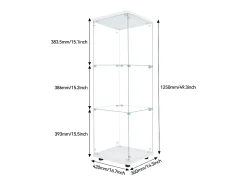 Vitrine de vidro independente, 125 cm, com iluminação LED, fechadura, 1 porta, 3 prateleiras, transparente, branca
