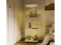 Vitrine de vidro independente, 125 cm, com iluminação LED, fechadura, 1 porta, 3 prateleiras, transparente, branca