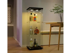 Vitrine de vidro independente, 125 cm, com iluminação LED, fechadura, 1 porta, 3 prateleiras, transparente, preta