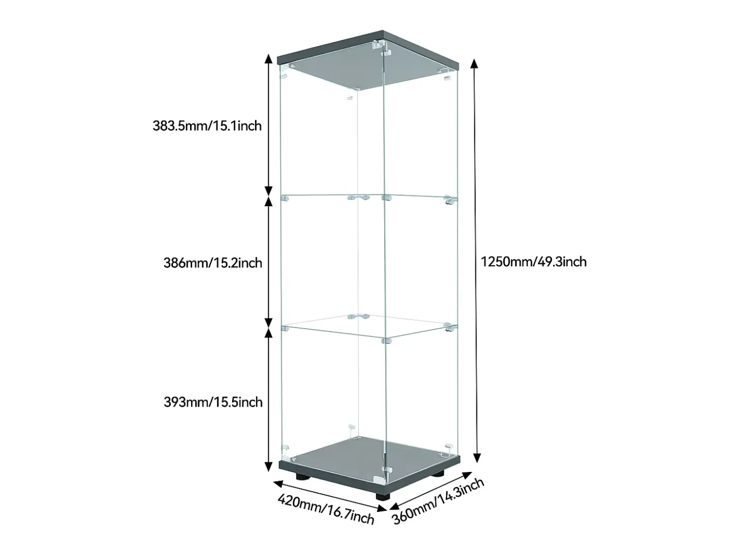 Vitrine de vidro independente, 125 cm, com iluminação LED, fechadura, 1 porta, 3 prateleiras, transparente, preta
