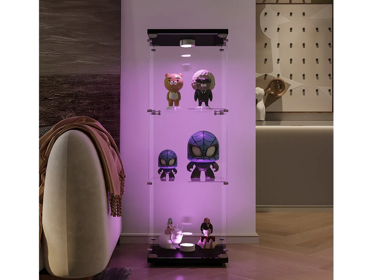 Vitrine de vidro independente, 125 cm, com iluminação LED, fechadura, 1 porta, 3 prateleiras, transparente, preta