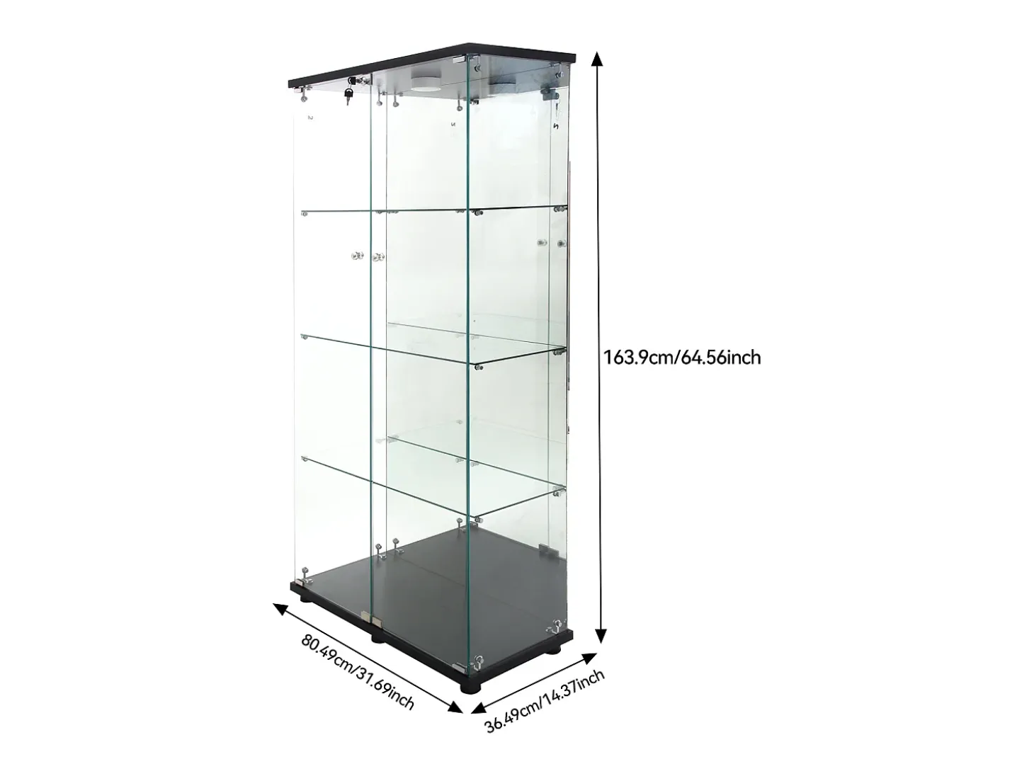 Vitrine de vidro sobre suporte, LED, 2 portas com fechadura, 4 compartimentos, para coleções e decoração