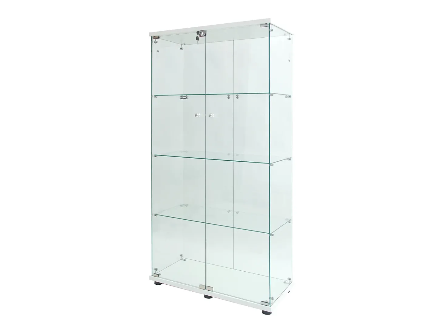 Vitrine de vidro sobre suporte, LED, 2 portas com fechadura, 4 compartimentos, para coleções e decoração