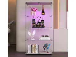 Vitrine de vidro sobre suporte, LED, 2 portas com fechadura, 4 compartimentos, para coleções e decoração