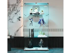 Vitrine de vidro sobre suporte, LED, 2 portas com fechadura, 4 compartimentos, para coleções e decoração