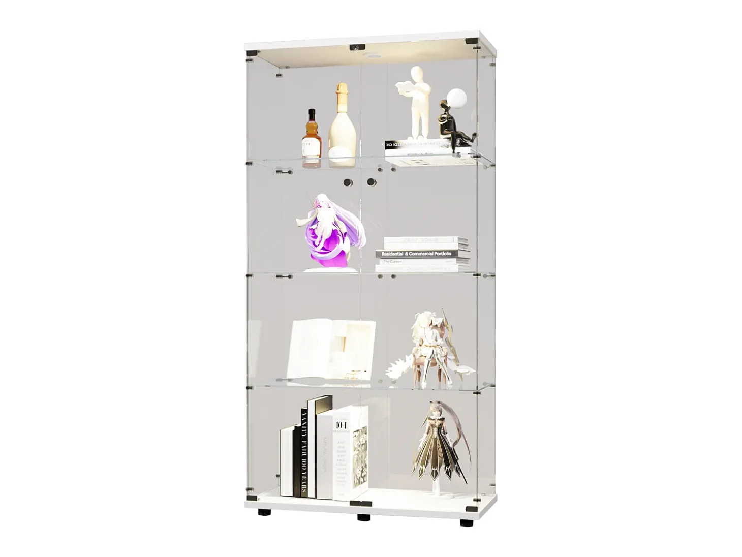 Vitrine de vidro sobre suporte, LED, 2 portas com fechadura, 4 compartimentos, para coleções e decoração