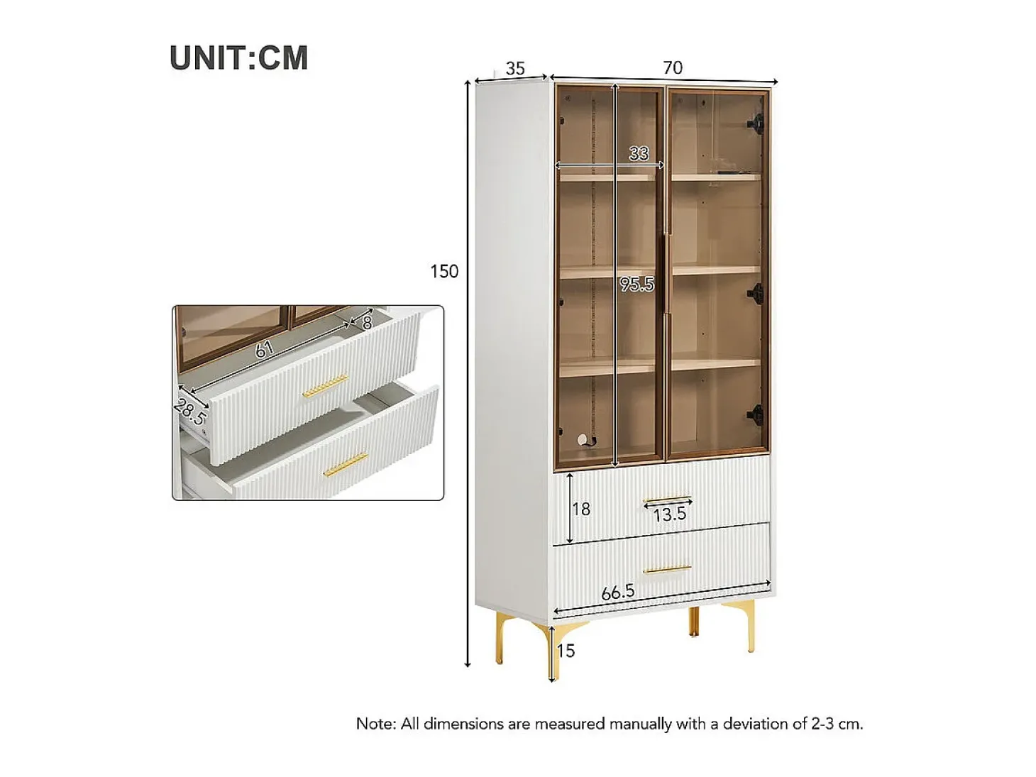 Vitrine em Vidro 150cm - com LED - 2 Portas e 2 gavetas - prateleiras móveis - 70x35x150cm