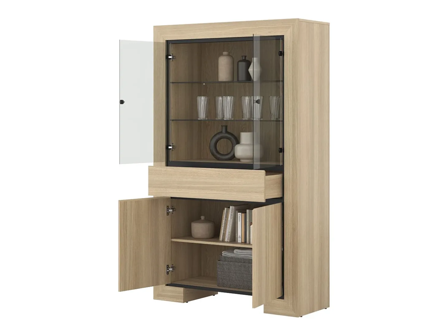 Vitrine grande coleção COPA – 4 portas e 1 gaveta – Carvalho elegante – Sem iluminação LED