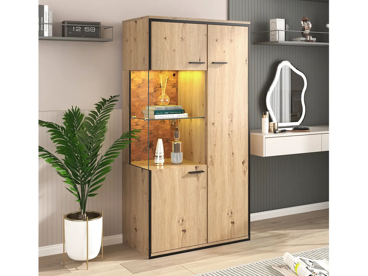 Vitrine H 160cm com LED - 3 portas e 8 compartimentos - Natural
