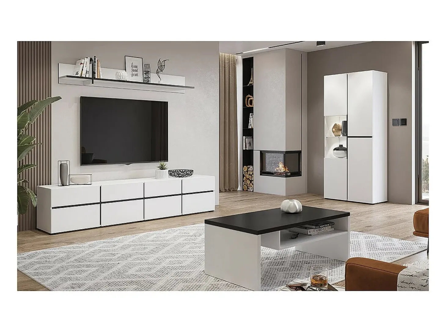 Vitrine haute 2 portes collection HAVANA avec LED intégrée. Coloris blanc et noir.